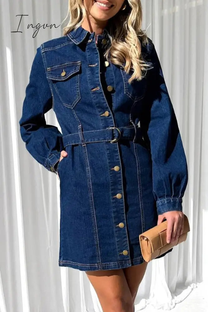 Ingvn - Casual Solid Pocket Buckle With Belt Turndown Collar Long Sleeve Straight Denim Dresses