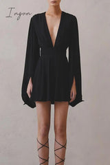 Ingvn - Sexy Solid Fold V Neck A Line Dresses