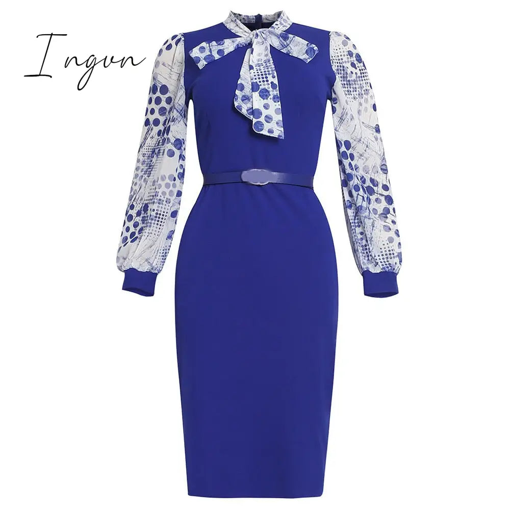 Ingvn - African Fashion Women Dresses Office Style Dot Patchwork Bow High Waist Bodycon Mid Calf Elegant Business Work Wear Vestidos New