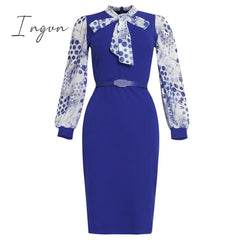 Ingvn - African Fashion Women Dresses Office Style Dot Patchwork Bow High Waist Bodycon Mid Calf Elegant Business Work Wear Vestidos New