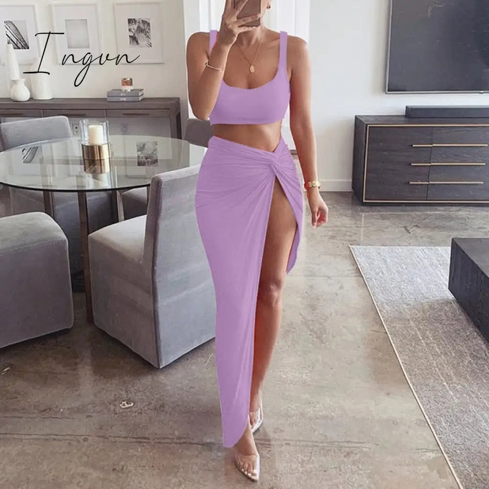 Ingvn - Sexy Party 2 Piece Set Women Plus Size Crop Top Twist Side Split Long Skirts Matching Sets Club Two Piece Outfits