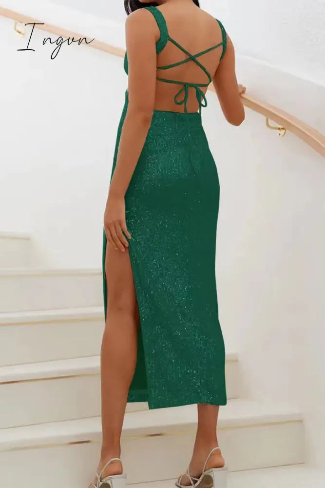 Sexy Solid Sequins Slit Square Collar One Step Skirt Dresses