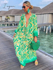 Ingvn - V-neck Casual Loose Floral Print Long Sleeve Maxi Dress