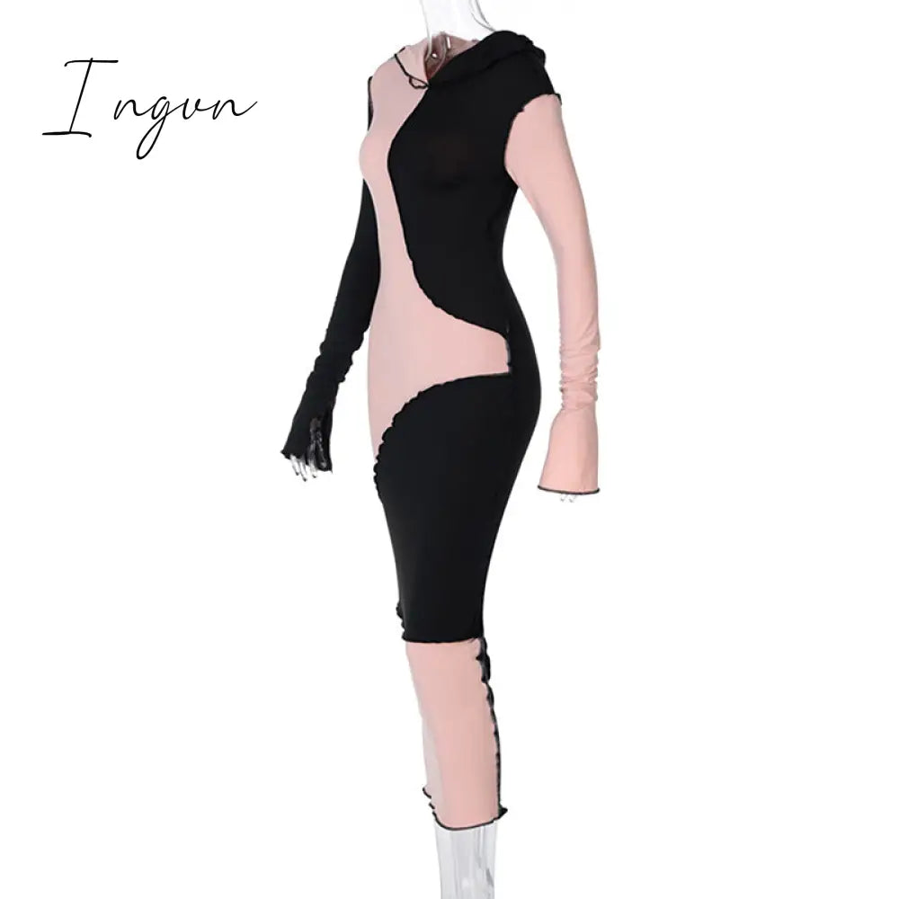 Ingvn - Long Sleeve Hooded Patchwork Skinny Maxi Dress Autumn Winter Women Fashion Streetwear Casual Outfits