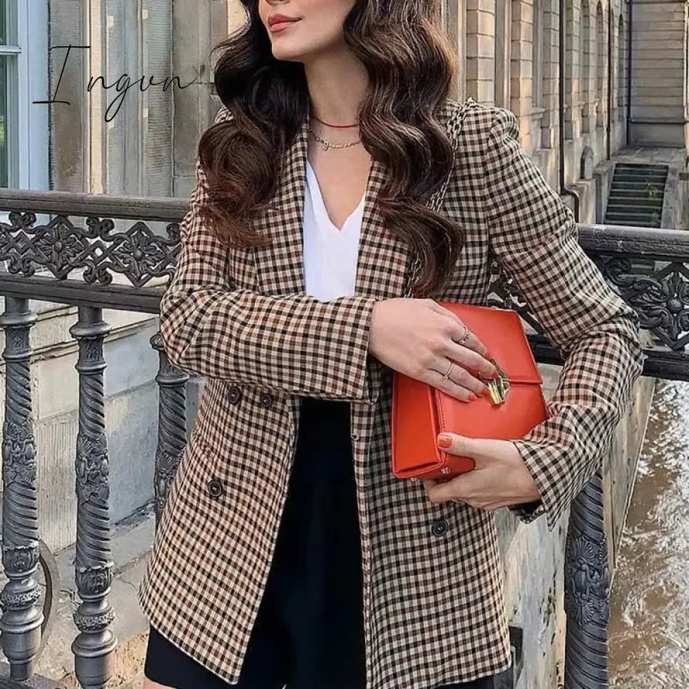 Ingvn - Fashion Autumn Women Plaid Blazers and Jackets Work Office Lady Suit Slim Double Breasted Business Female Blazer Coat Talever