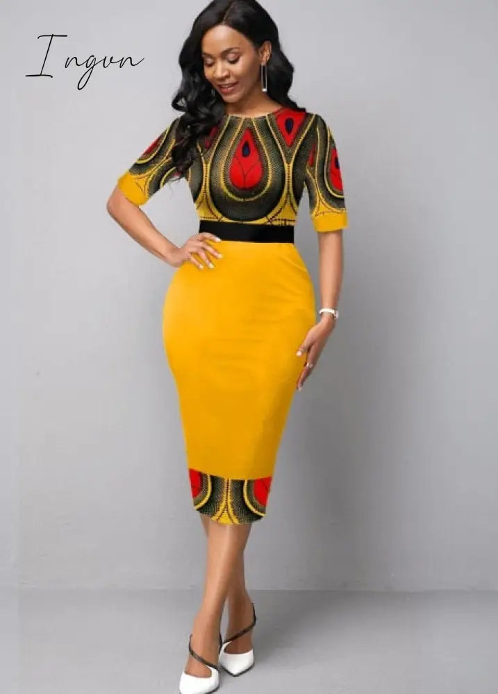 Ingvn - Ladies Fashion Half Sleeve Dress Women Elegant Round Collar Geometric Printing Splicing Temperament Maxi Dress For Ball Party
