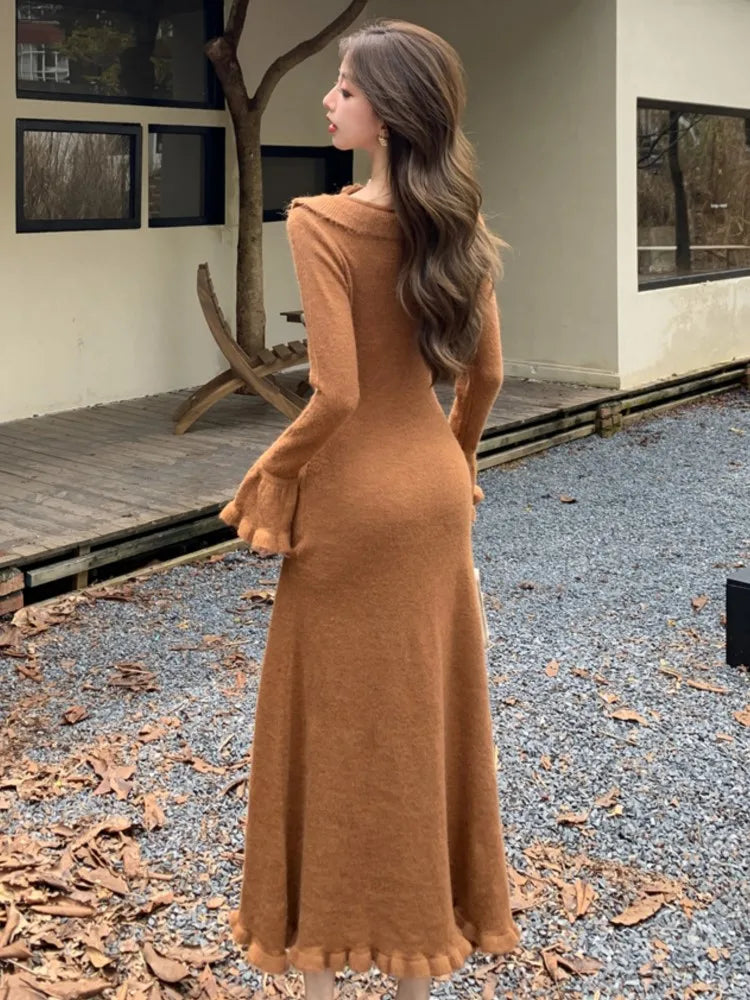 Elegant Solid Knitted Dress for Women Vintage French Flare Sleeve Bodycon Princess Evening Party Womens Dresses Slim Vestidos