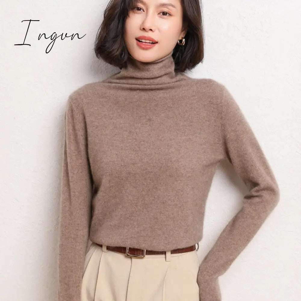 Ingvn - 100% Pure Wool Cashmere Sweater Fall/Winter Pile Collar Pullover Korean Fashion Casual Knitted Tops Women Jacket Long Sleeve