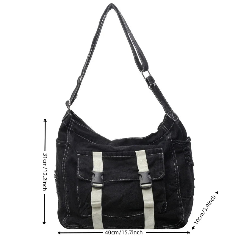 Ingvn  Large Capacity Denim Messenger Bag for Women Crossbody Bag for Students Single Shoulder Tote Bag for Class