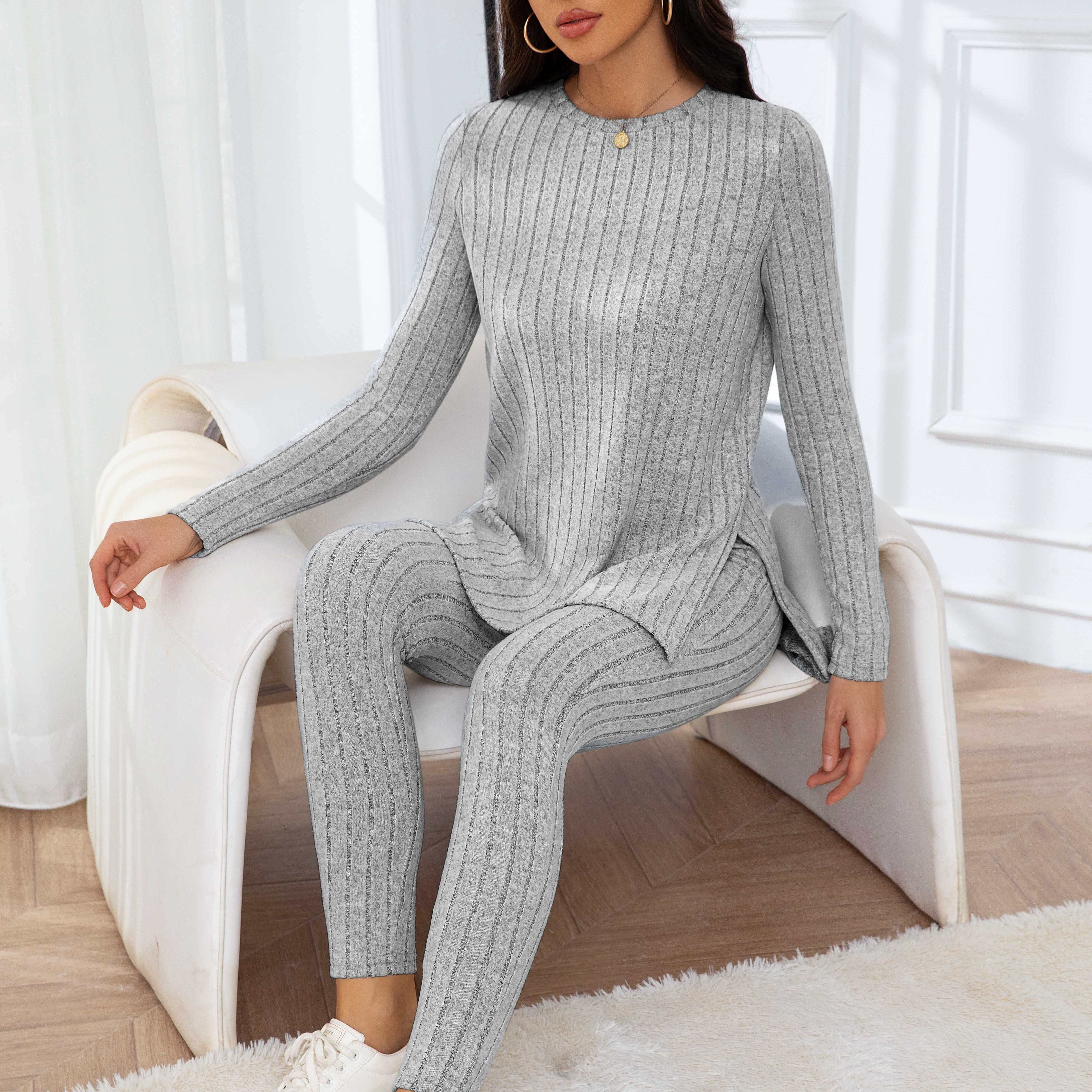 Casual Ribbed Knit Two-piece Set, Split Hem Long Sleeve Top & Slim Pants Outfits, Women's Clothing