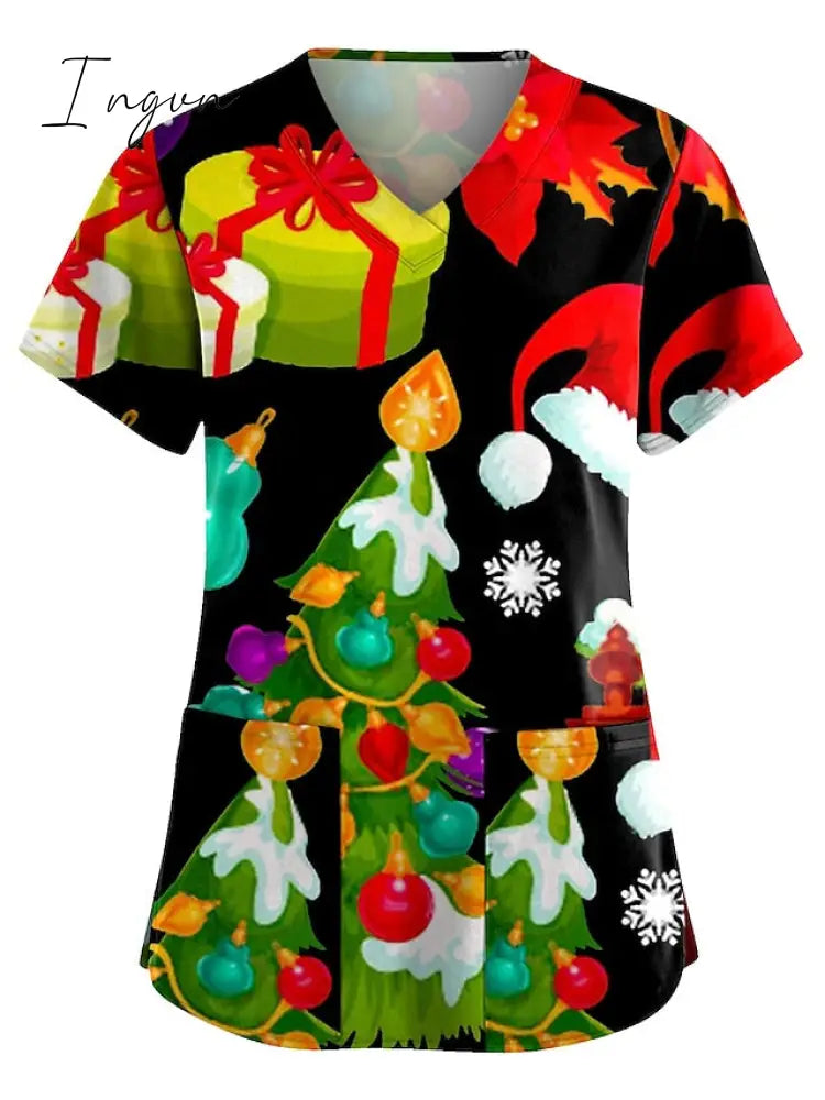 Ingvn - Christmas Scrub Tops Women Christmas Printing Short Sleeve V-Neck Working Uniform with Pocket Pullover Red 3X-Large