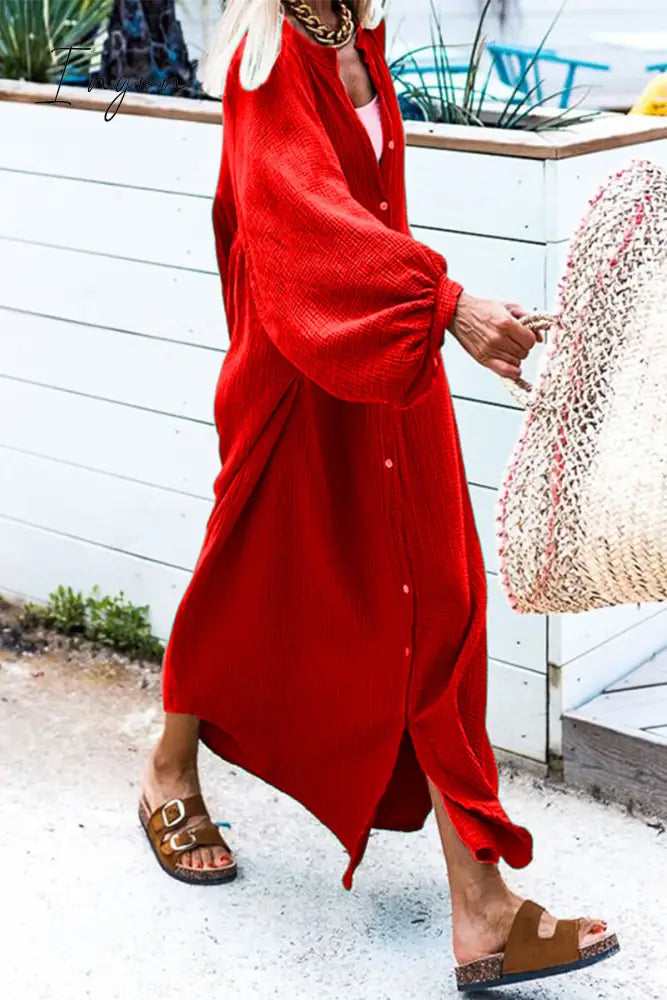 Ingvn - Casual Solid Buckle O Neck Long Sleeve Dresses(3 Colors)