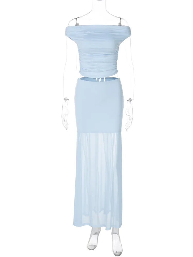 Blue Mesh Sexy Skirt Two Piece Sets Women Strapless Crop Tops And Maxi Skirt Ladies Fashion Elegant 2 Piece Sets
