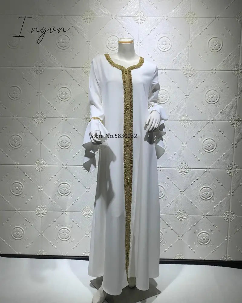 Ingvn - Jalabiya Kaftan Arabic Dress For Women Dubai Turkey Abaya Embroidery Loose Djellaba Muslim Fashion Islamic Clothing White