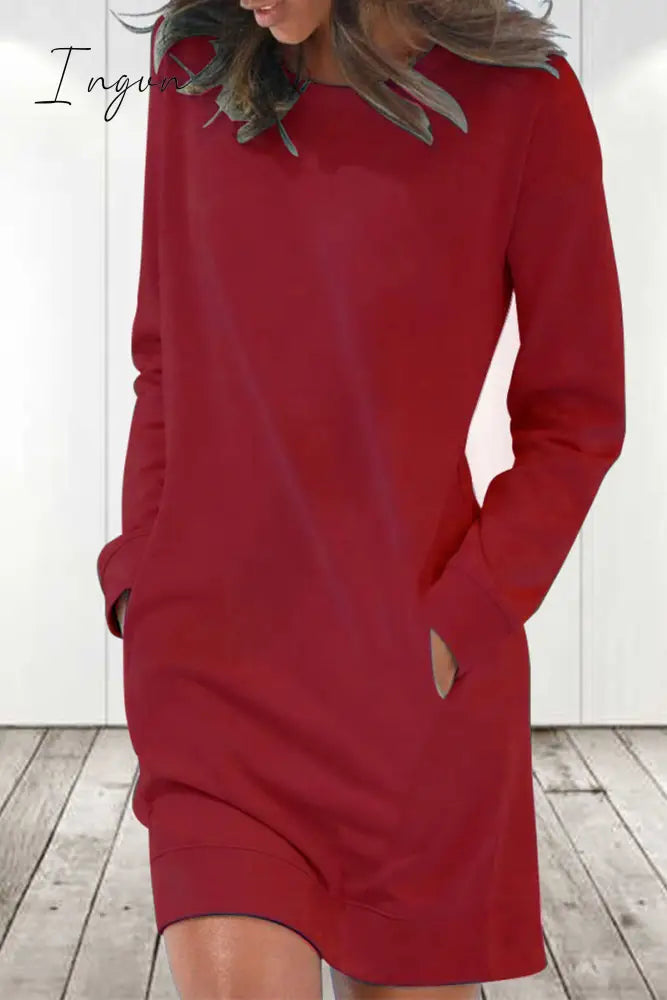 Ingvn - Casual Solid Solid Color O Neck Long Sleeve Dresses(6 Colors)