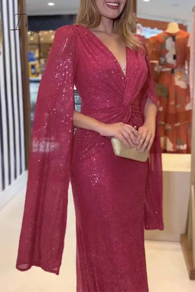 Ingvn - Sexy Formal Solid Sequins Fold V Neck A Line Dresses