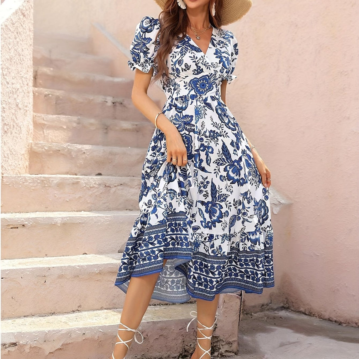 Vibrant Floral Print Surplice Neck A-Line Dress - Elegant Short Sleeve Spring & Summer Dresses for Women - Stylish, Comfortable, and Chic Clothing for Ladies