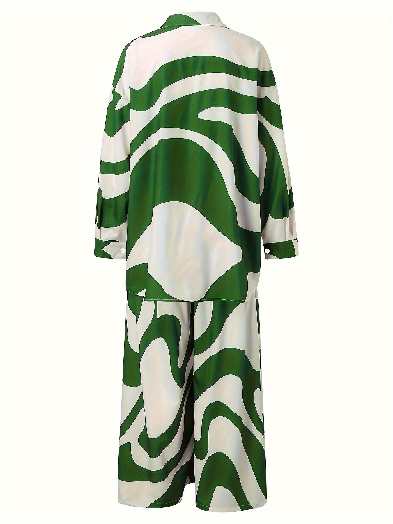 Long Sleeve Plus Size Two-piece Set, Geometric Print Buttons Shirts & Wide Leg Pants Outfits, Women's Clothing