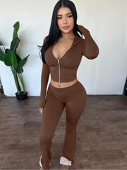 Hooded Top And Trousers Two Piece Sets Women Fashion Zipper Long Sleeve Tops And Flare Pant Female Casual Suit New