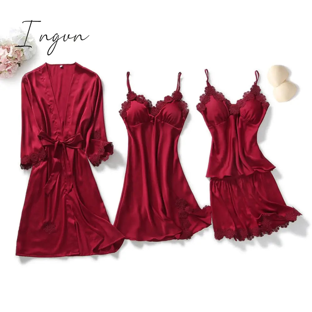 Ingvn - Yellow Robes Suit Autumn Women Nightgown Sets 2 Pieces Nightdress Bathrobe With Chest Pad Female Satin Kimono Bath Gown Sleepwea