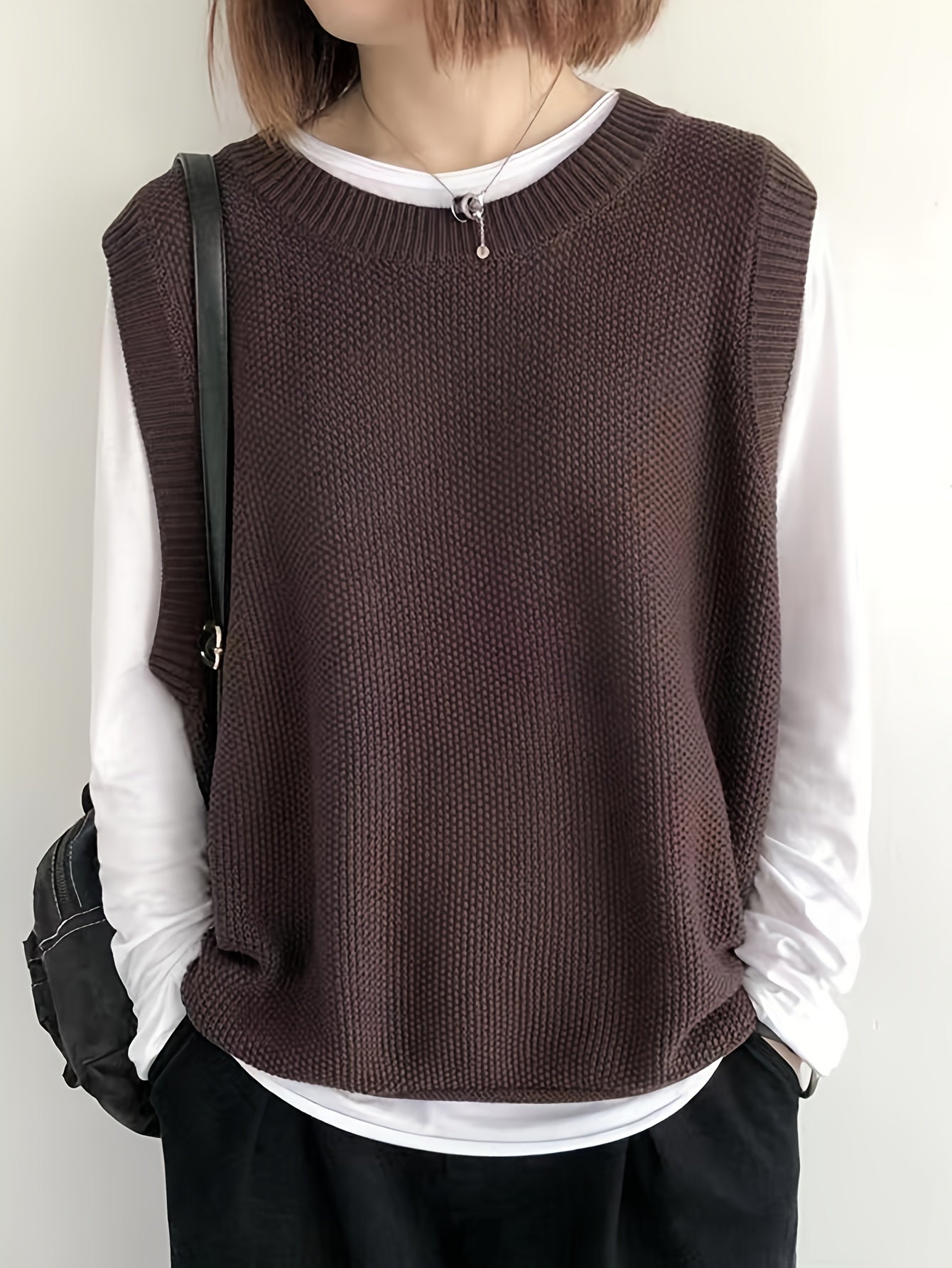 Women's Casual Solid Crew Neck Knitted Sleeveless Loose Fit Vest Sweater, Soft and Cozy Winter Clothing