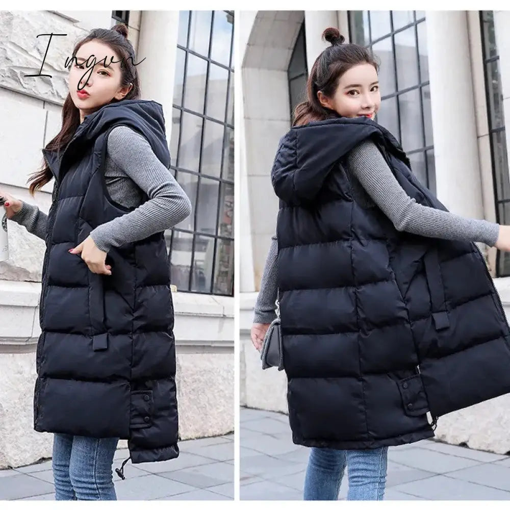 Ingvn - New Women's Vest Jacket Down Cotton Vest Autumn Winter Jacket Hooded Long Coat Sleeveless Loose Female Waistcoat Snow Wear