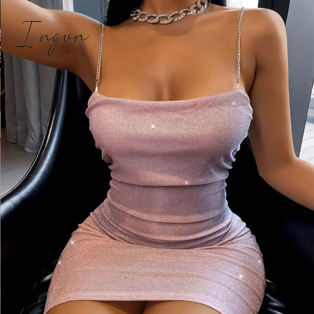 Ingvn - Women Fashion Spaghetti Strap Mini Dress Slip Dress Women Sexy Slim Fit Bodycon Party Dress Sequins Short Dress