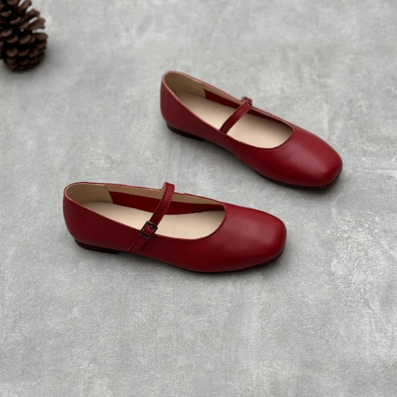 Mary Jane Genuine Leather Single-layer Shoes Spring and Summer Artistic Casual Buckle Flat Soft Cowhide Simple Women's Shoes