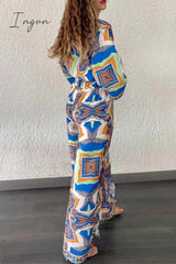 Ingvn- Casual Vintage Geometric Print Pocket Slit V Neck Long Sleeve Two Pieces
