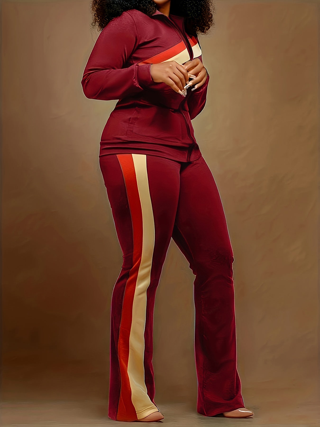 Two-piece Set, Long Sleeve & Long Length, Zip Up, Striped Print Retro Outfits, Women's Clothing