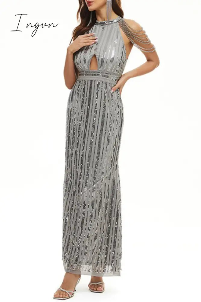 Ingvn - Celebrities Elegant Solid Sequins Patchwork O Neck Evening Dress Dresses