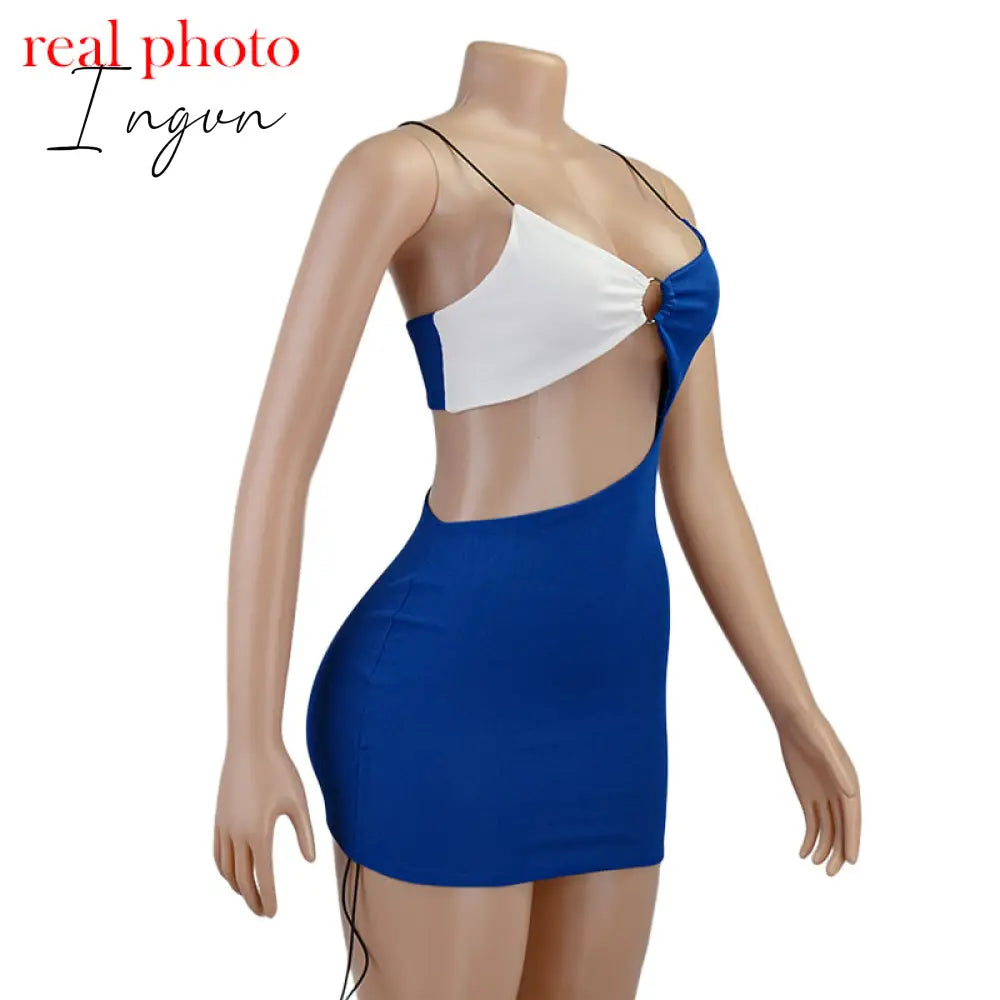 Ingvn - Spaghetti Strap Drawstring Ruched Cut-Out Sexy Backless Mini Dress for Women Club Party Sleeveless Dresses Bodycon