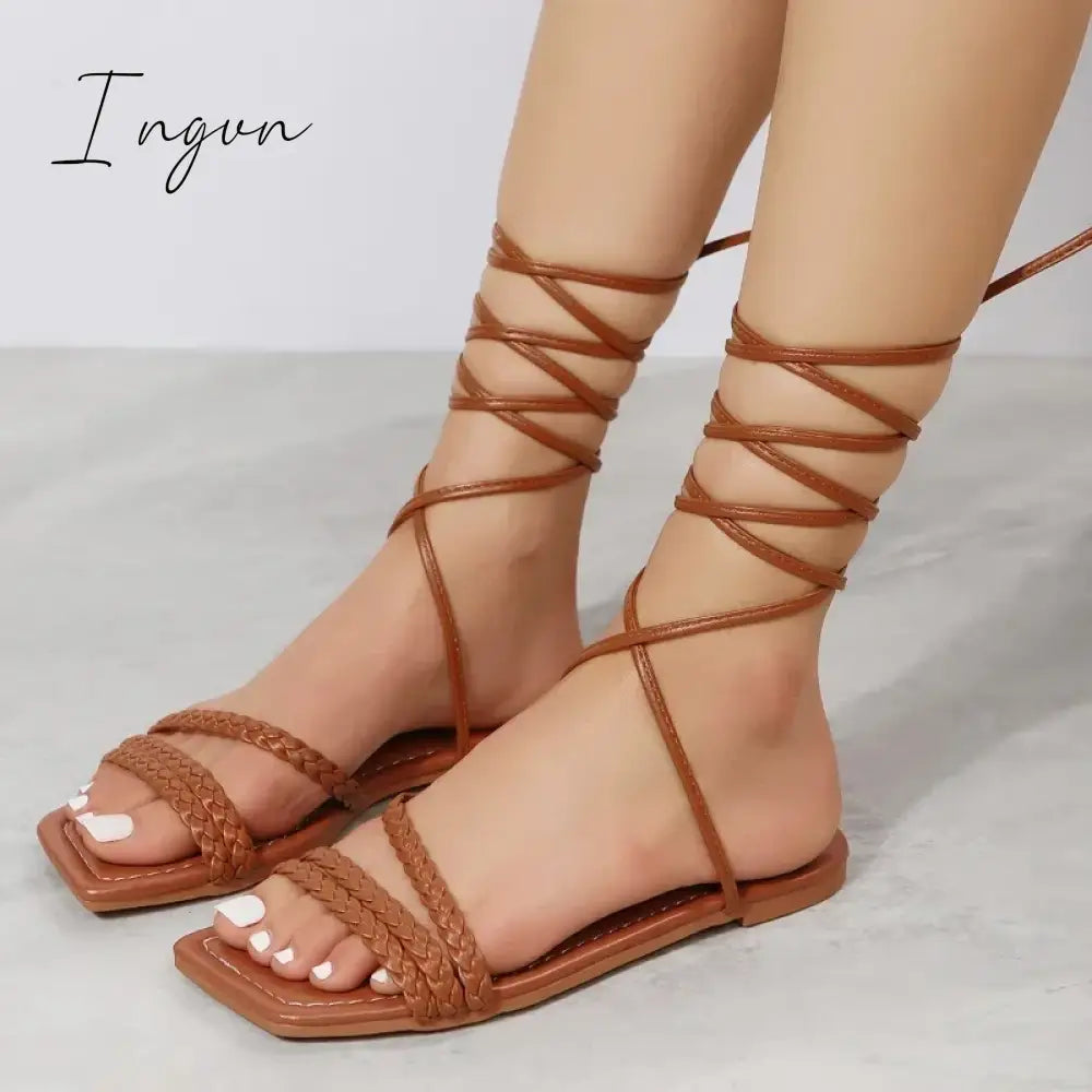 Ingvn - Women shoes 2024 Summer Fashion Open Toe Flat Sandals Sexy Solid Color Lace Up Beach Sandals for Women Zapatillas De Mujer