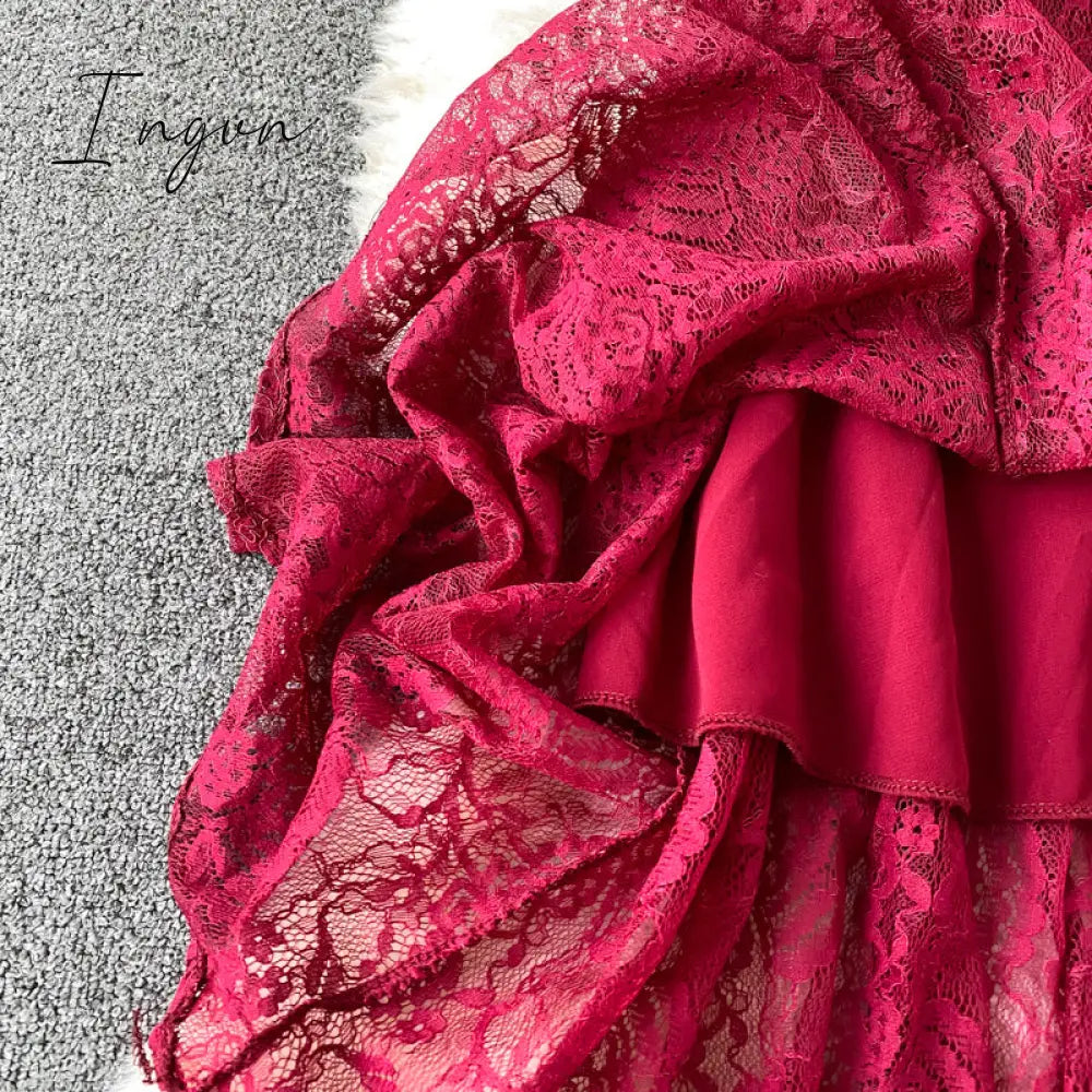 Ingvn - Vintage Purple/Green/Red Lace Midi Dress Women Sweet Round Neck Ruffle Vestidos Female High Waist Slim Robe Spring Autumn