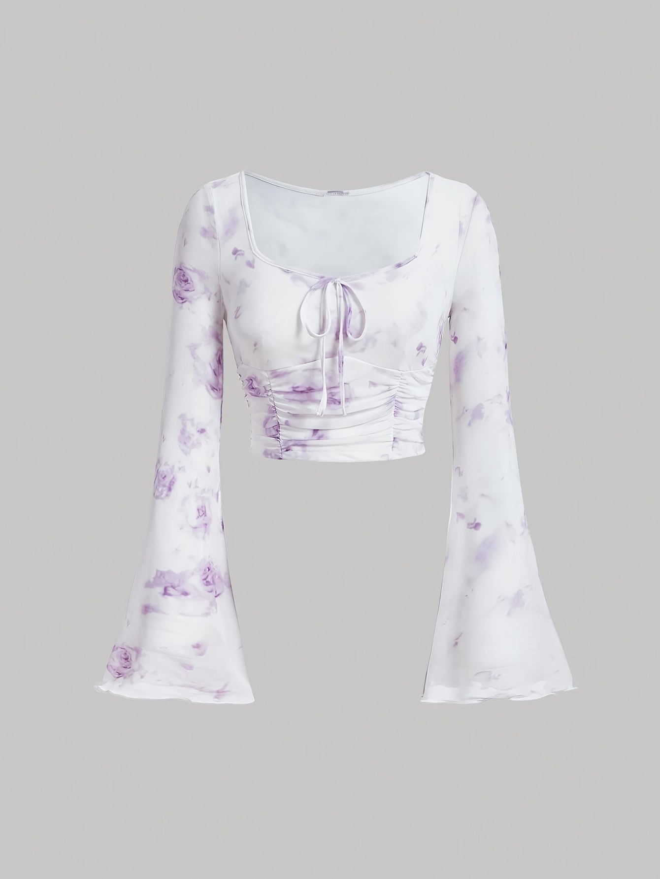 Trendy Tie Dye Print Ruched T-Shirt - Flattering Long Flare Sleeves, Casual Chic Top for Spring and Fall, Coquette Y2K Style Women's Clothing with Relaxed Fit and Soft Fabric