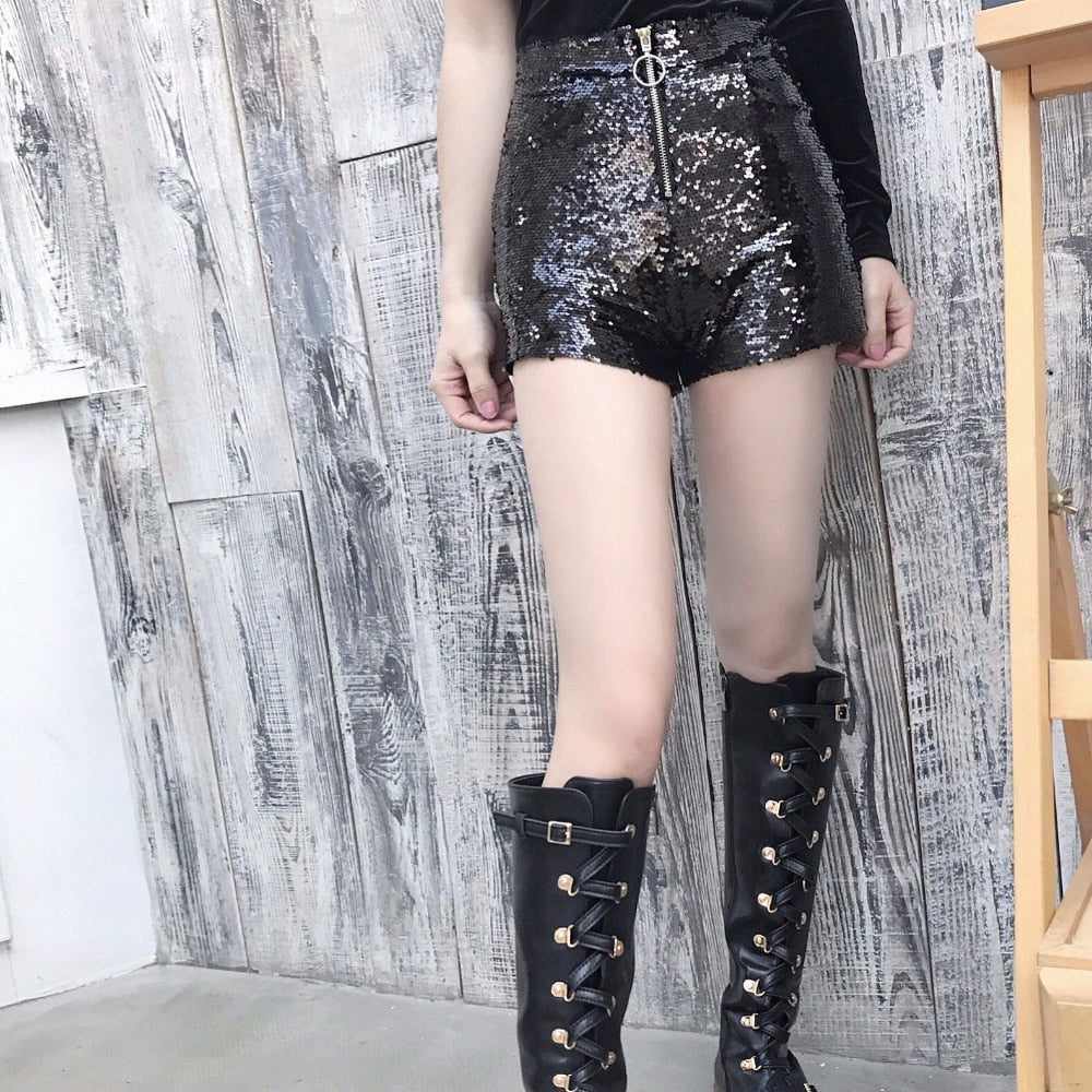 Sexy Women Sequin Shorts Summer High Waist O-Ring Zip Bodycon Shorts Feminino Skinny Party Club Festival Raves Pole Dance Shorts
