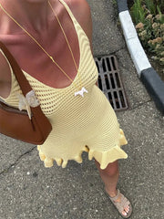 Knit Ruffled Hollow Out Mini Dress Female V-Neck See-Through Holiday Beach Casual Clothes Summer Women's Knitwear Dress