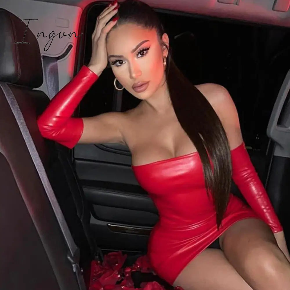 Ingvn - Faux PU Leather With Gloves Party Dress Women Backless Sexy Hot Clubwear Skinny Slim Solid Fashion Bodycon Mini Dresses
