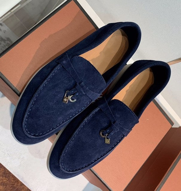 Trend New Kidsuede Women Flat Shoes Lazy Slip-on Metal Loafers Lady Casual Walk Shoes Woman Single Shoes Summer Real Leather