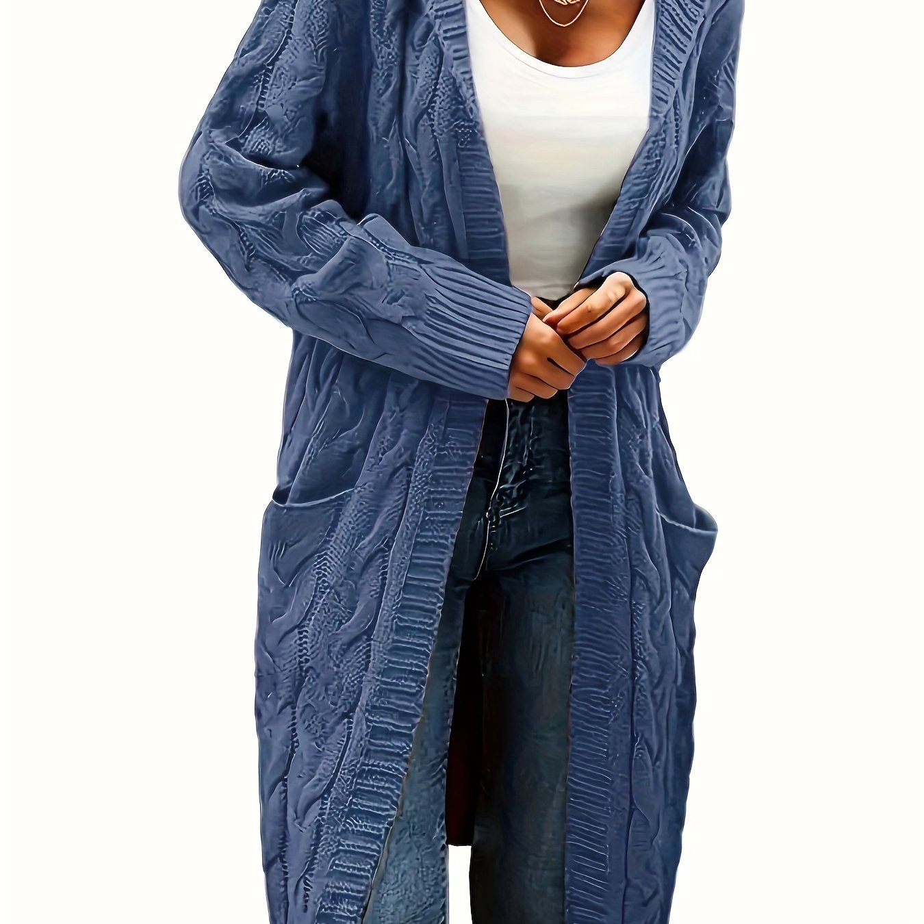 Plus Size Casual Cardigan, Women's Plus Solid Cable Long Sleeve Open Front Hooded Cardigan With Pockets