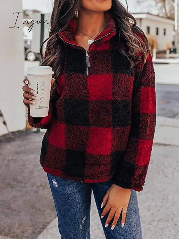 Ingvn - Women's Sweatshirt Pullover Fuzzy Teddy Quarter Zip Red Khaki Plaid Casual V Neck Long Sleeve Fleece Top Micro-elastic Fall & Winter