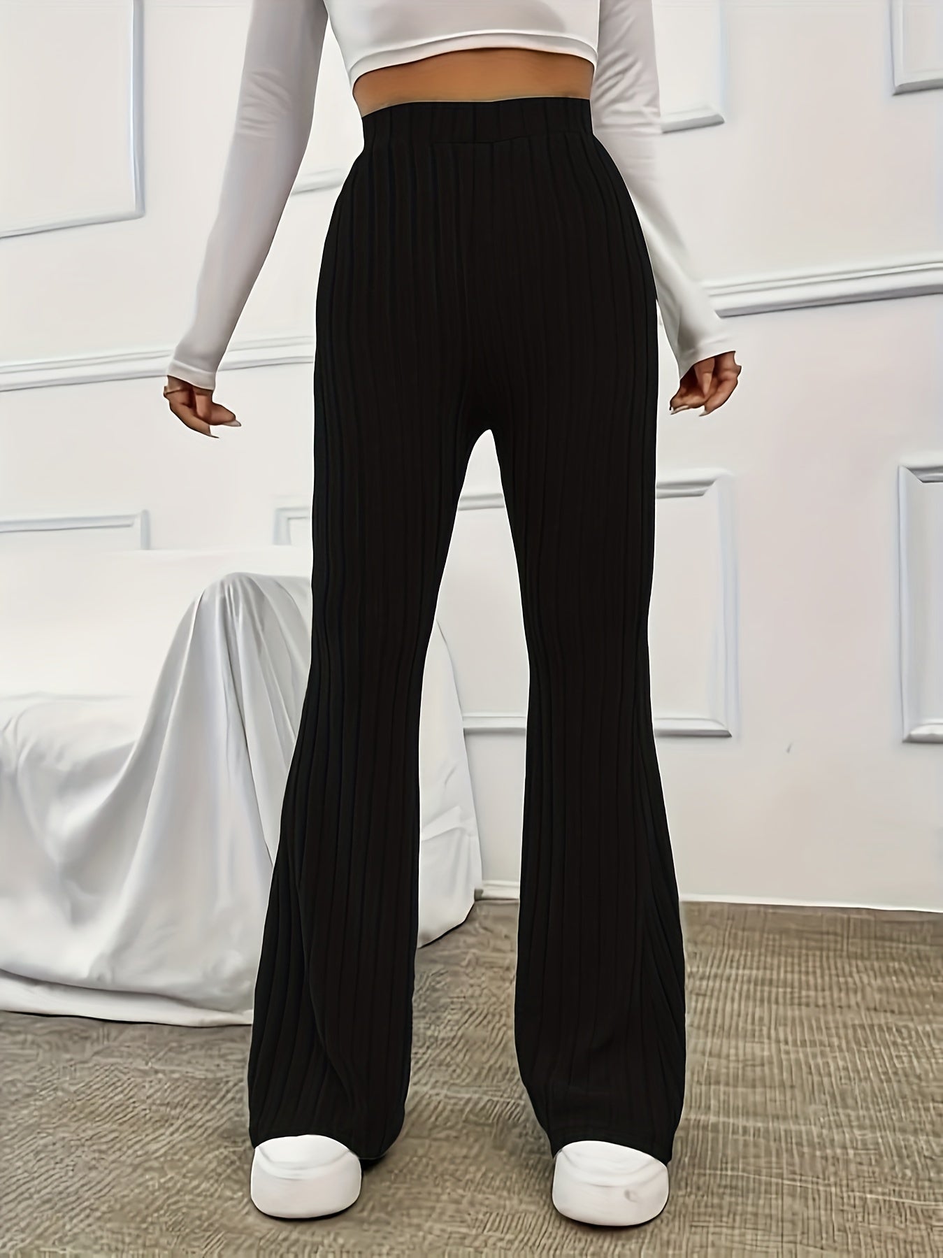 Elegant Ribbed Polyester Long Pants - High Elasticity, Solid Chic, Easy Care, Perfect for Spring & Fall