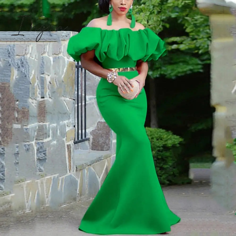 Ingvn - Women Long Party Dresses Mermaid Slim Christmas Bare Shoulder Puffy Bright Green Big Size Wedding Evening Occasions Gowns Robes