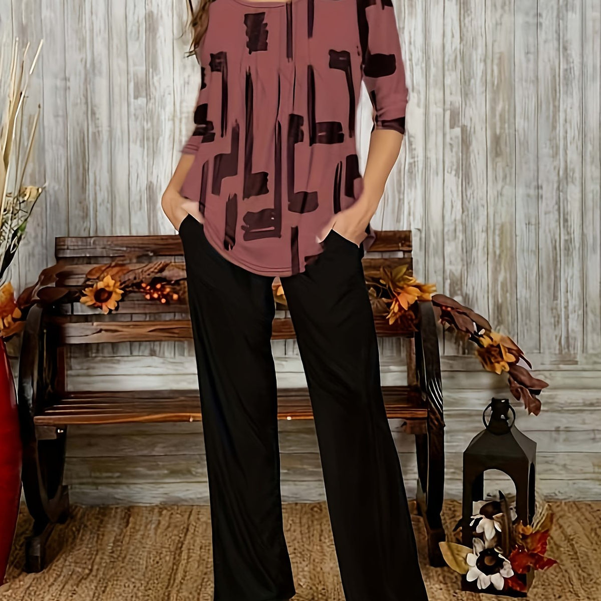 Plus Size Casual Outfits Two Piece Set, Women's Plus Brush Print Long Sleeve Round Neck Top & Pants Outfits 2 Piece Set
