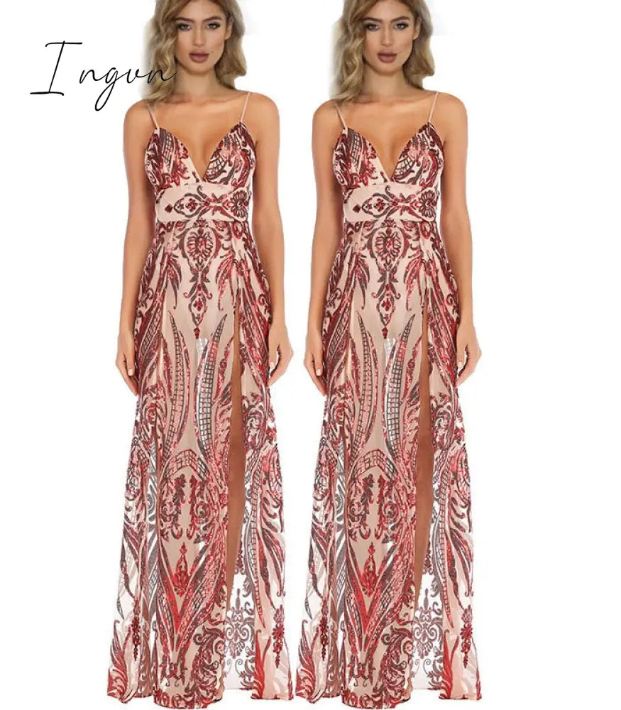 Ingvn - 2023 See Through Mesh Tulle Evening Prom Dress Party Night Backless Floor Length Lace Flower Embroidery Summer Maxi Dress Women