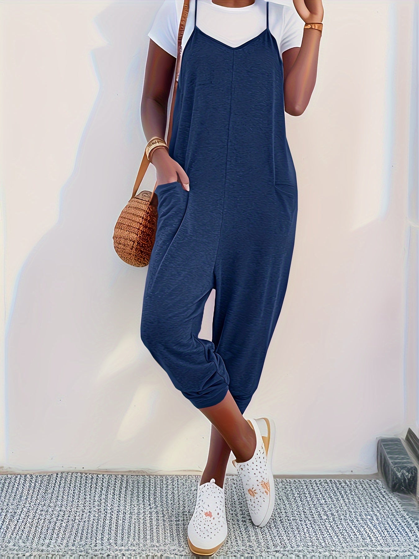 Solid Patched Pockets Overall Jumpsuit, Versatile V-neck Overall Jumpsuit For Spring & Summer, Women's Clothing