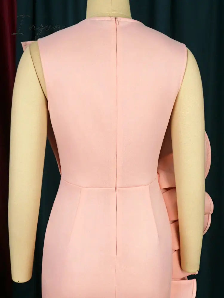 Ingvn - Women Pink Dress Party Ruffle Stylish Occasion Celebrate Sleveless Mesh Patchwork Elegant Slim Summer Homecoming Robe Gowns