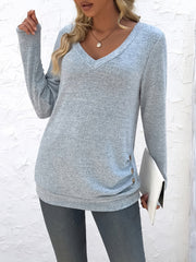 Long Sleeve Solid Color V Neck T-shirt, Casual Top For Spring & Fall, Women's Clothing