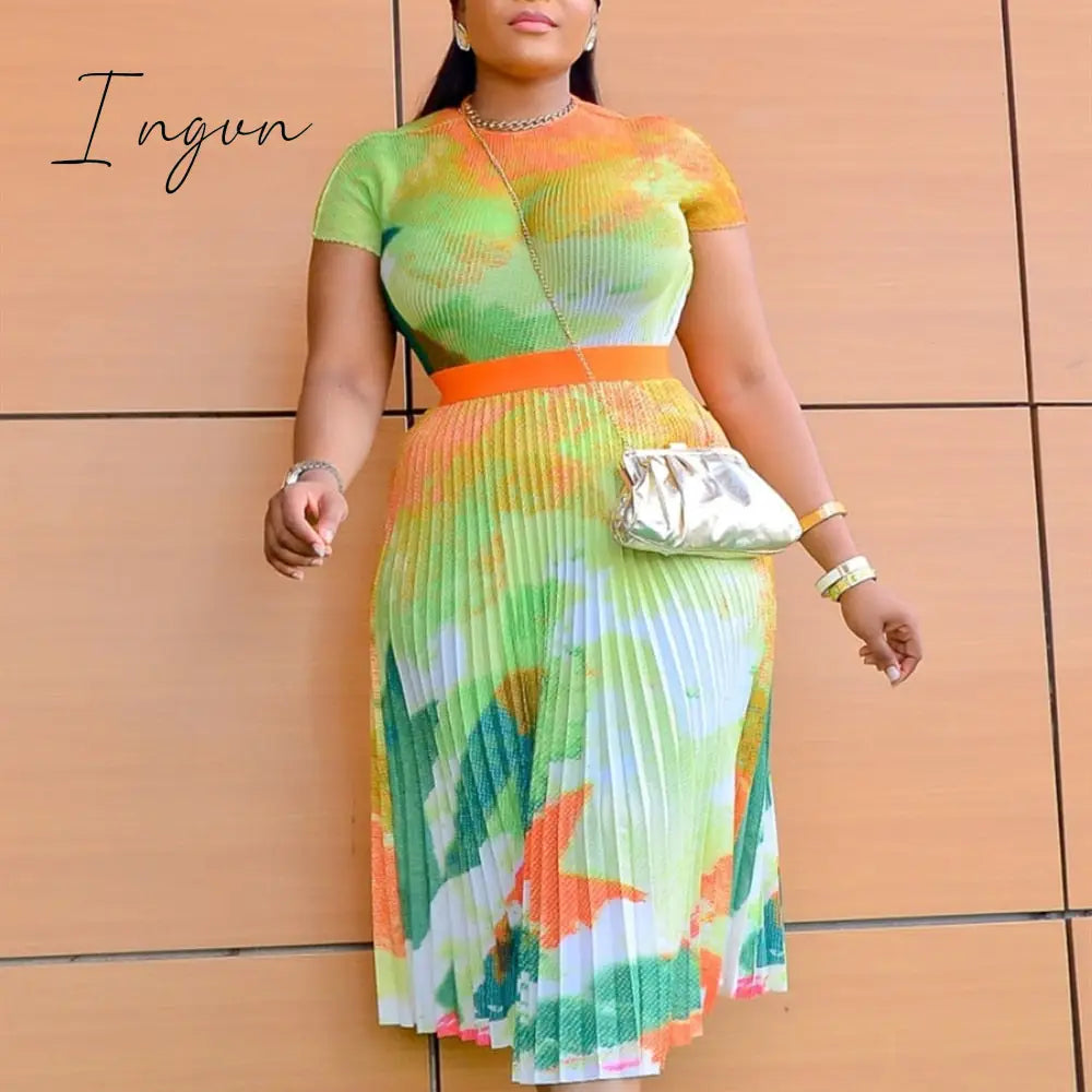 Ingvn - Long Pleated Dress Sets Women 2 Piece Outfits Summer Short Sleeve Gardient Print Swing Skirt Set Elegant Casual 2023 New In