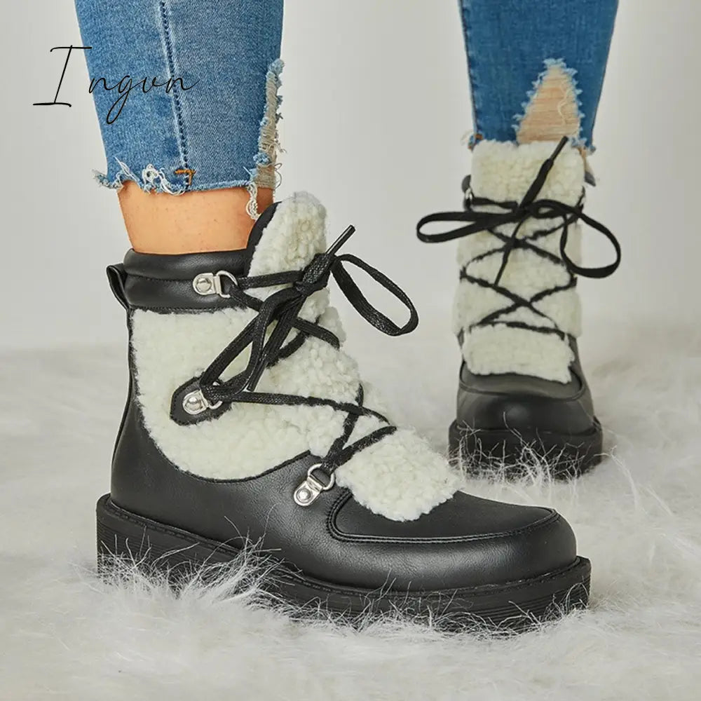 Ingvn - Women's Faux Shearling Stiching Lace Up Snow Boots